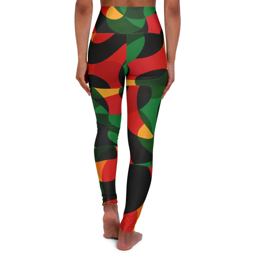 High-Waisted Yoga Leggings — Bold Red, Green & Black Abstract Print