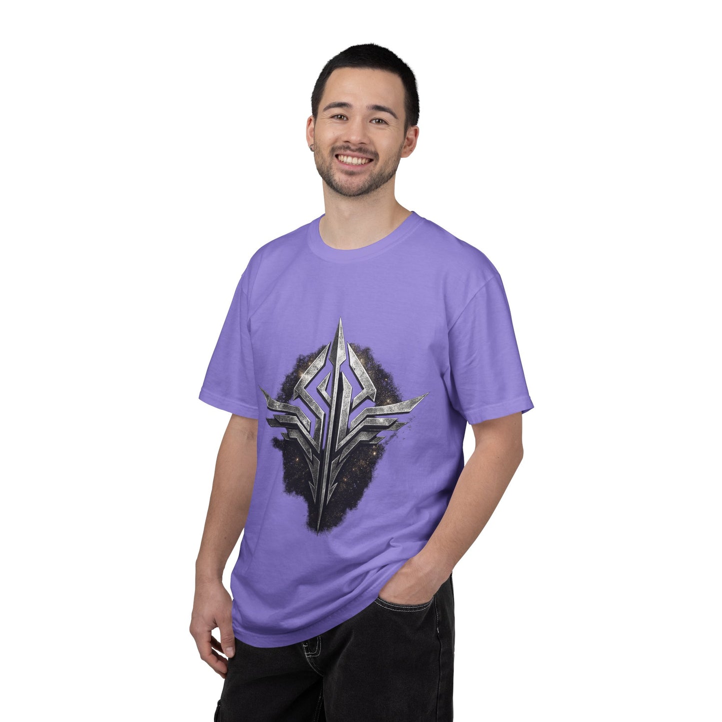 Futuristic Metal Emblem Graphic T‑Shirt