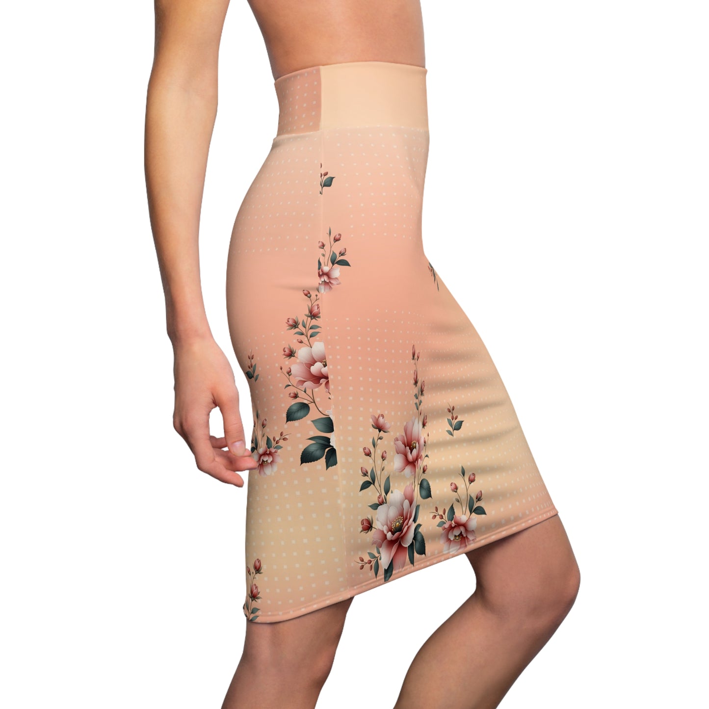 Peach Floral Pencil Skirt — Vintage Rose Print Women's Skirt