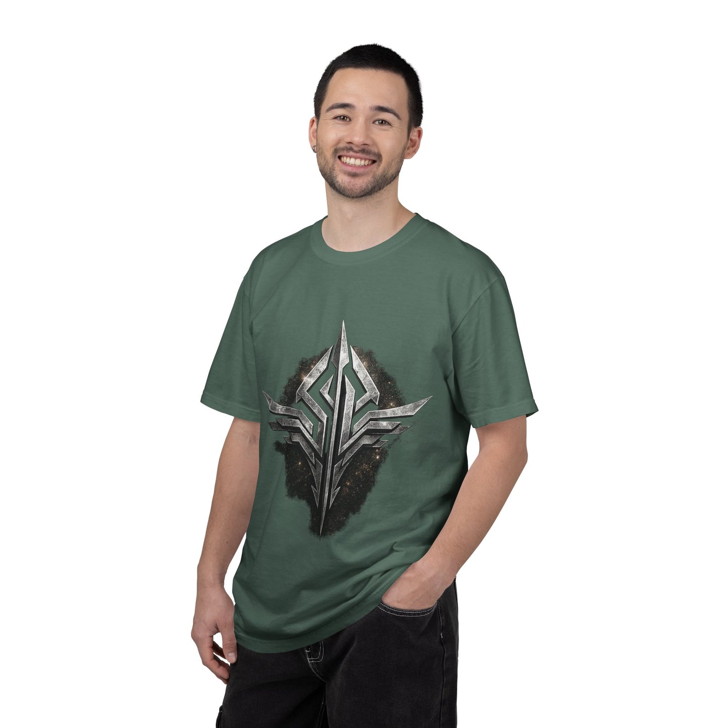 Futuristic Metal Emblem Graphic T‑Shirt