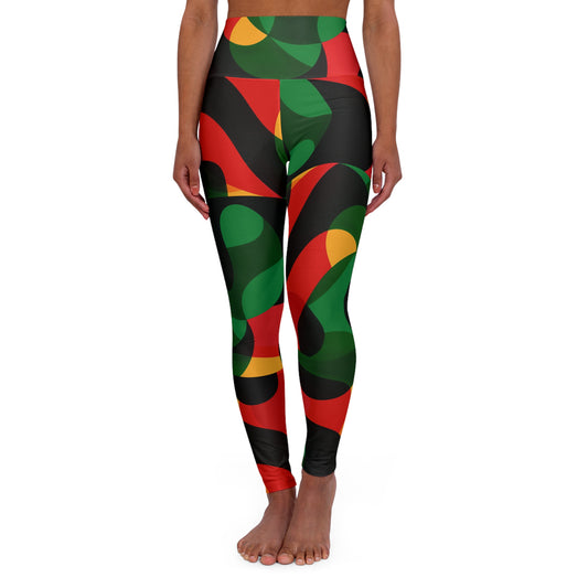 High-Waisted Yoga Leggings — Bold Red, Green & Black Abstract Print