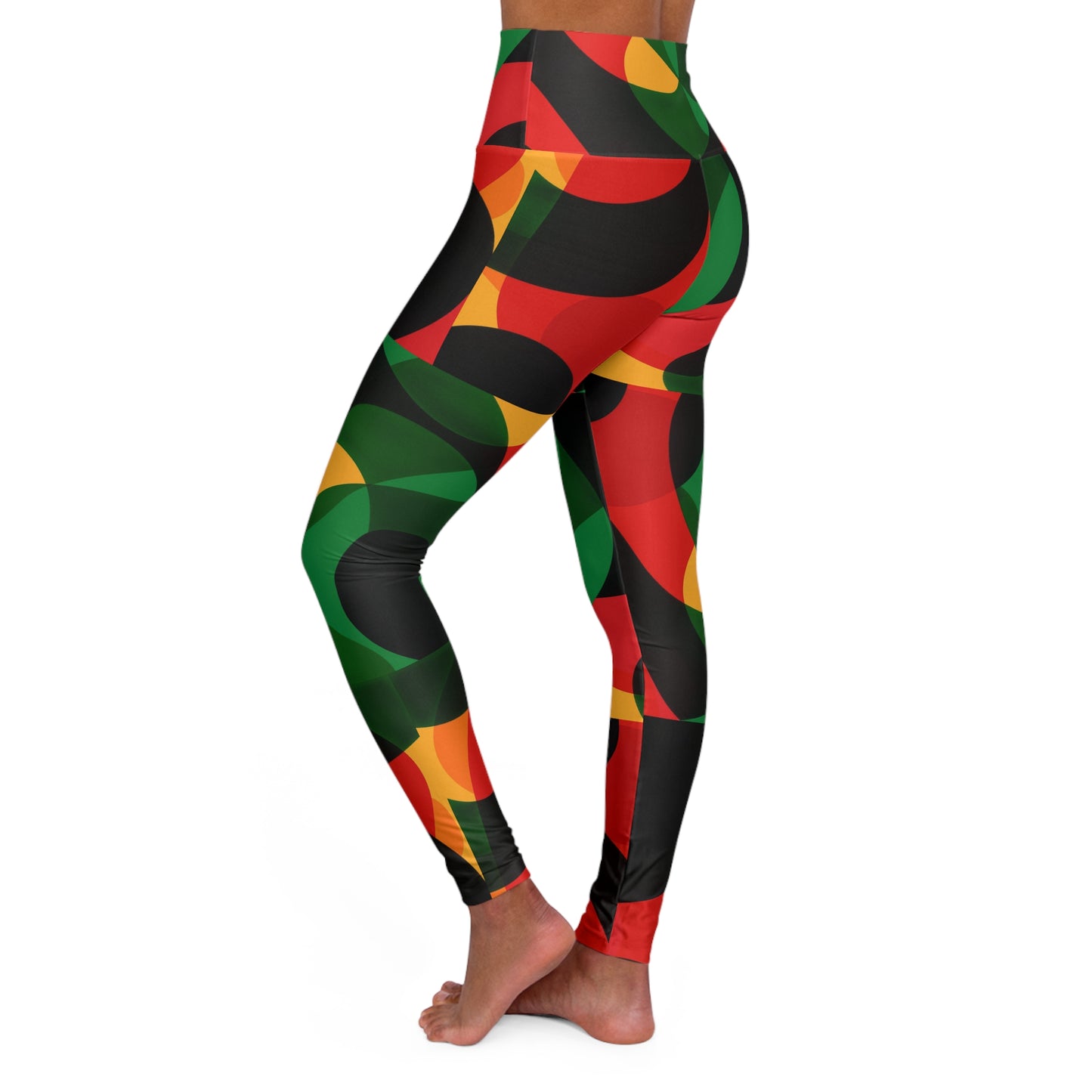 High-Waisted Yoga Leggings — Bold Red, Green & Black Abstract Print