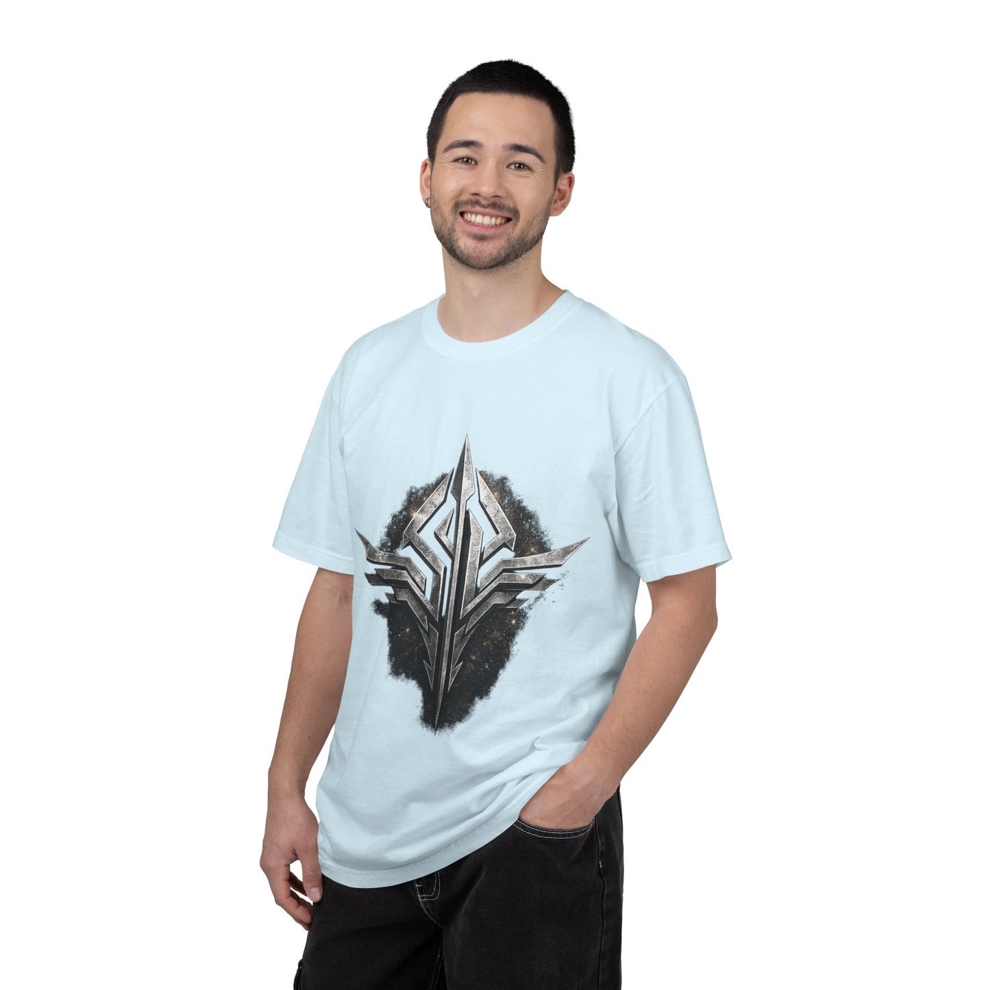 Futuristic Metal Emblem Graphic T‑Shirt