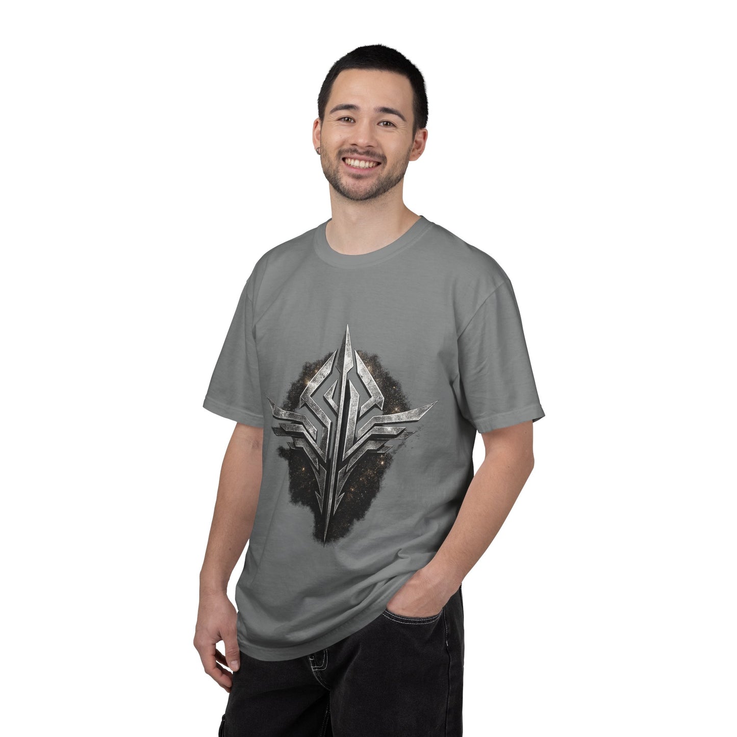 Futuristic Metal Emblem Graphic T‑Shirt