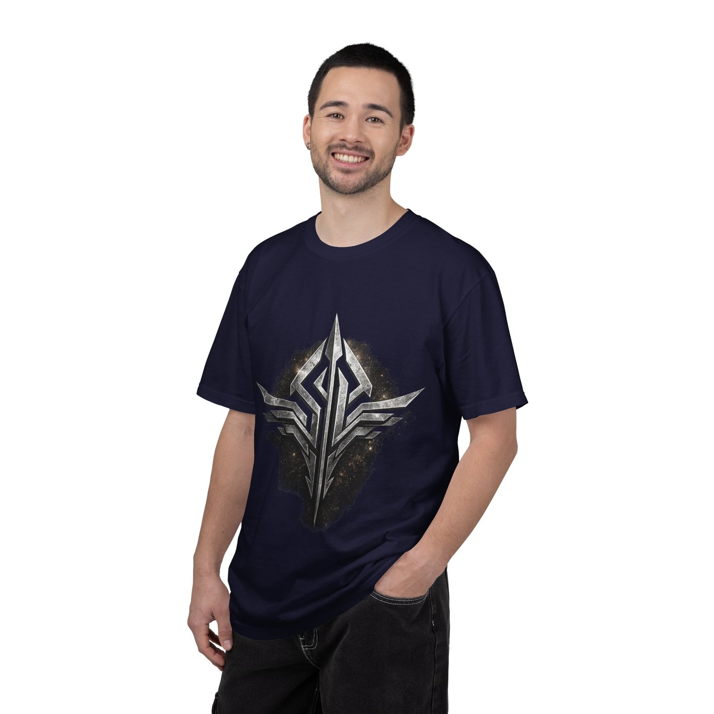 Futuristic Metal Emblem Graphic T‑Shirt