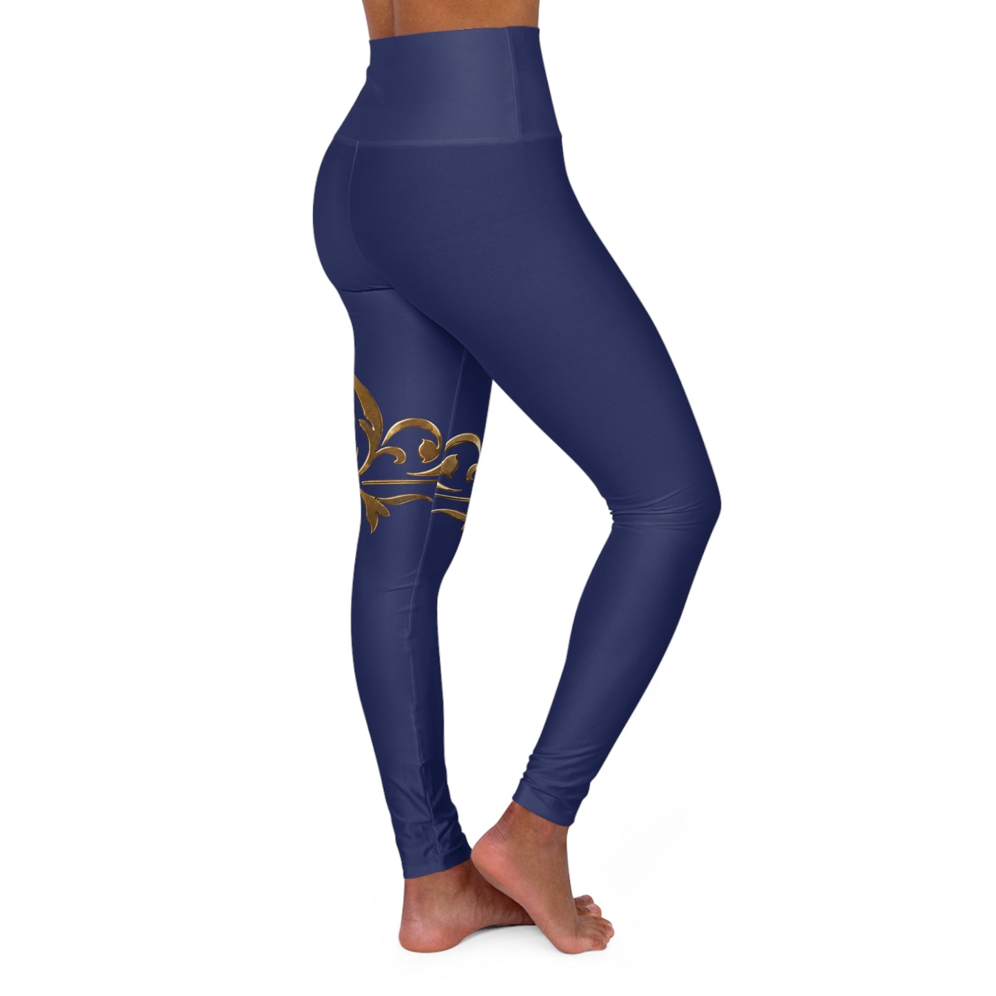 The Chic Co. Signature Gold Flourish High-Waist Yoga Leggings (Navy)