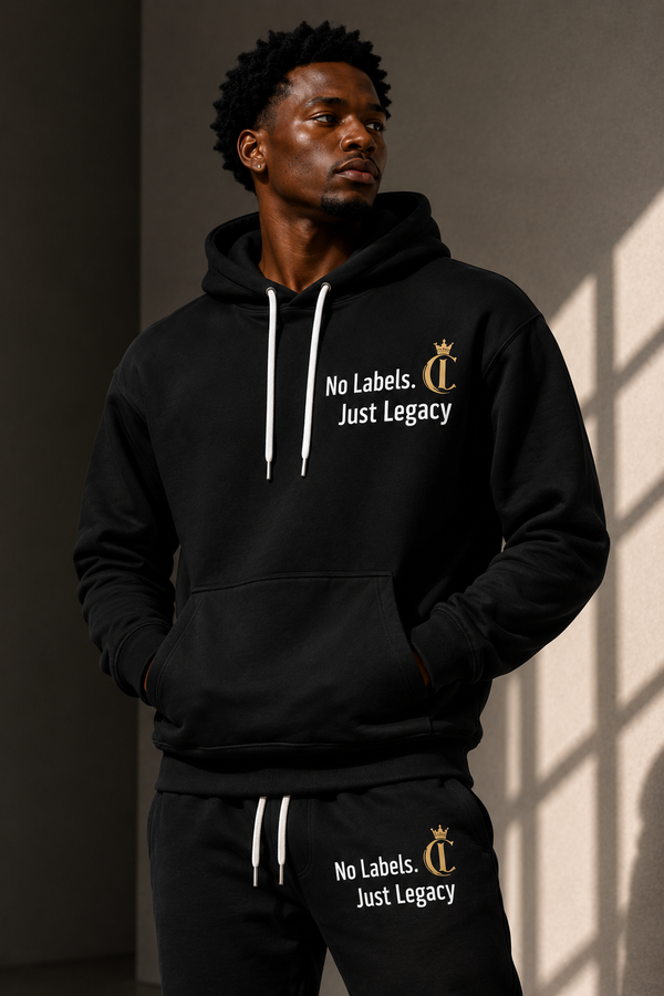 Champion Hoodie — "No Labels. Just Legacy." Black Logo Hoodie