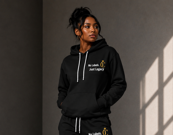 Champion Hoodie — "No Labels. Just Legacy." Black Logo Hoodie