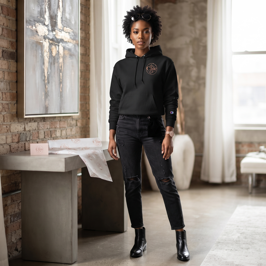 Chic Champion Hoodie — Minimal Script Chest Logo,