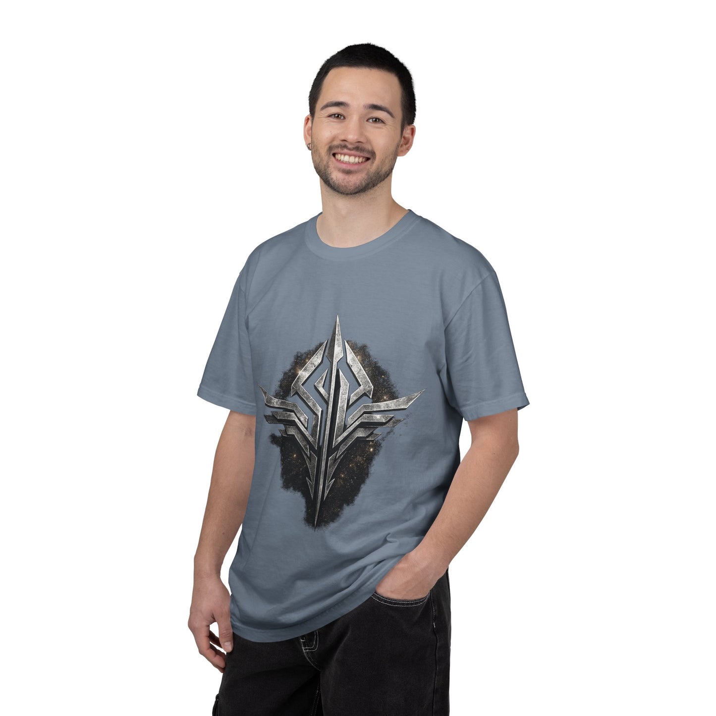 Futuristic Metal Emblem Graphic T‑Shirt