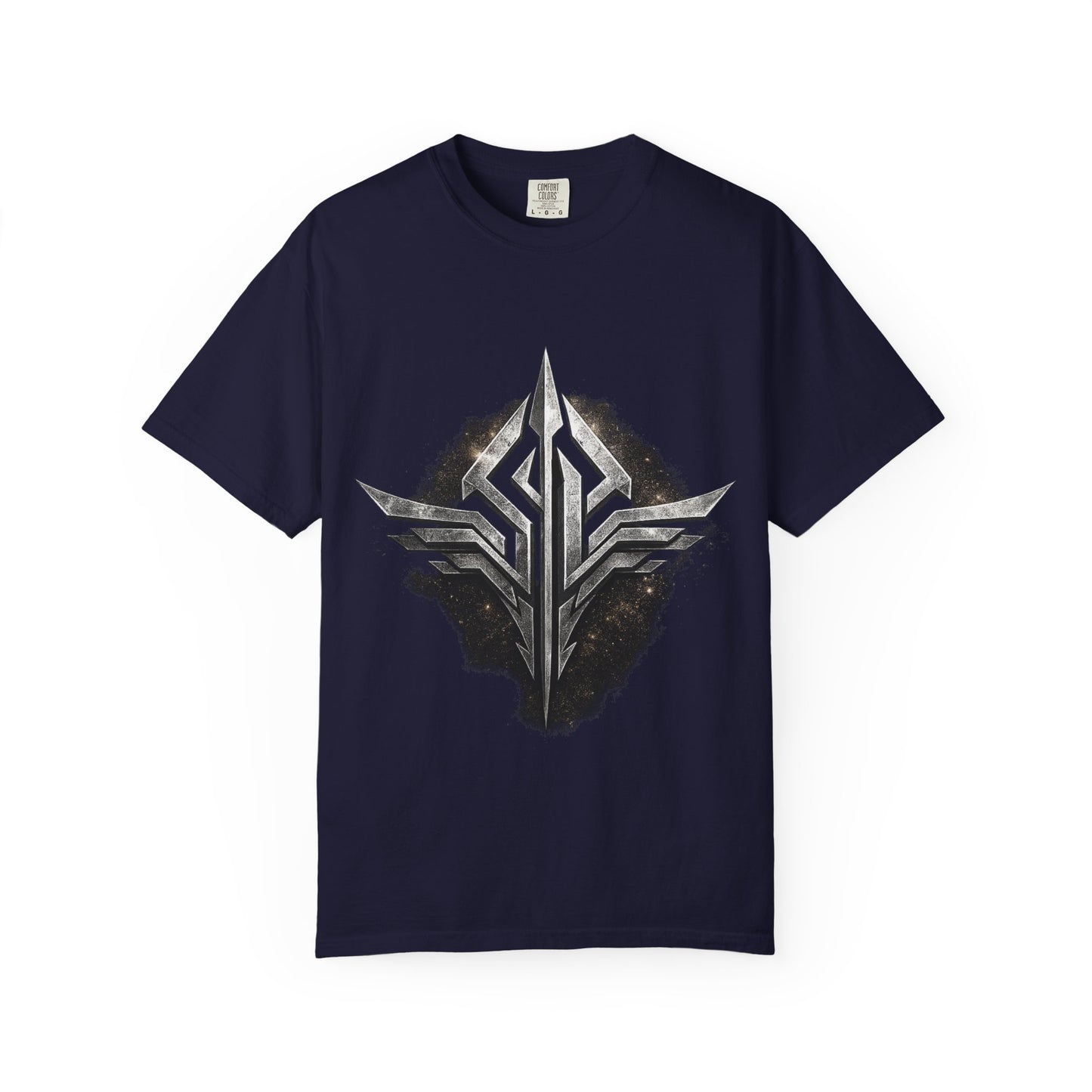 Futuristic Metal Emblem Graphic T‑Shirt