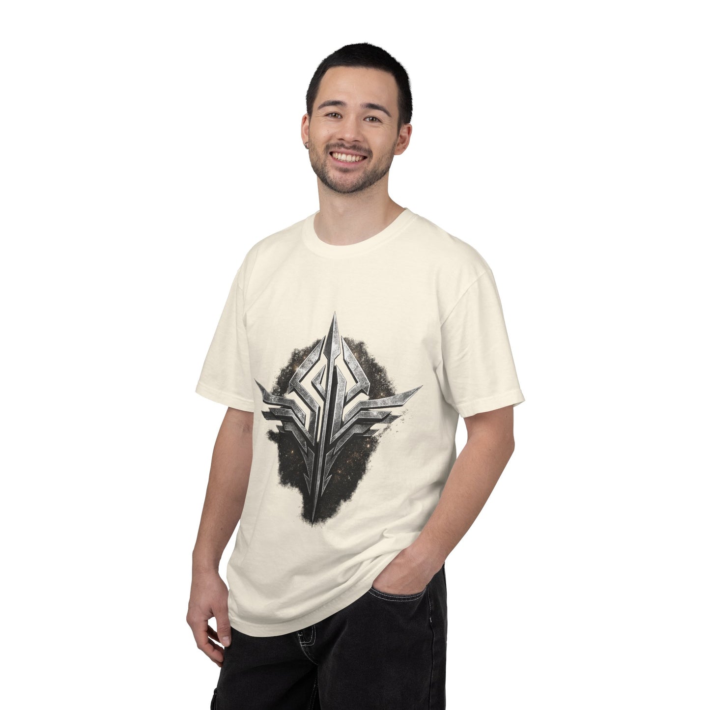 Futuristic Metal Emblem Graphic T‑Shirt
