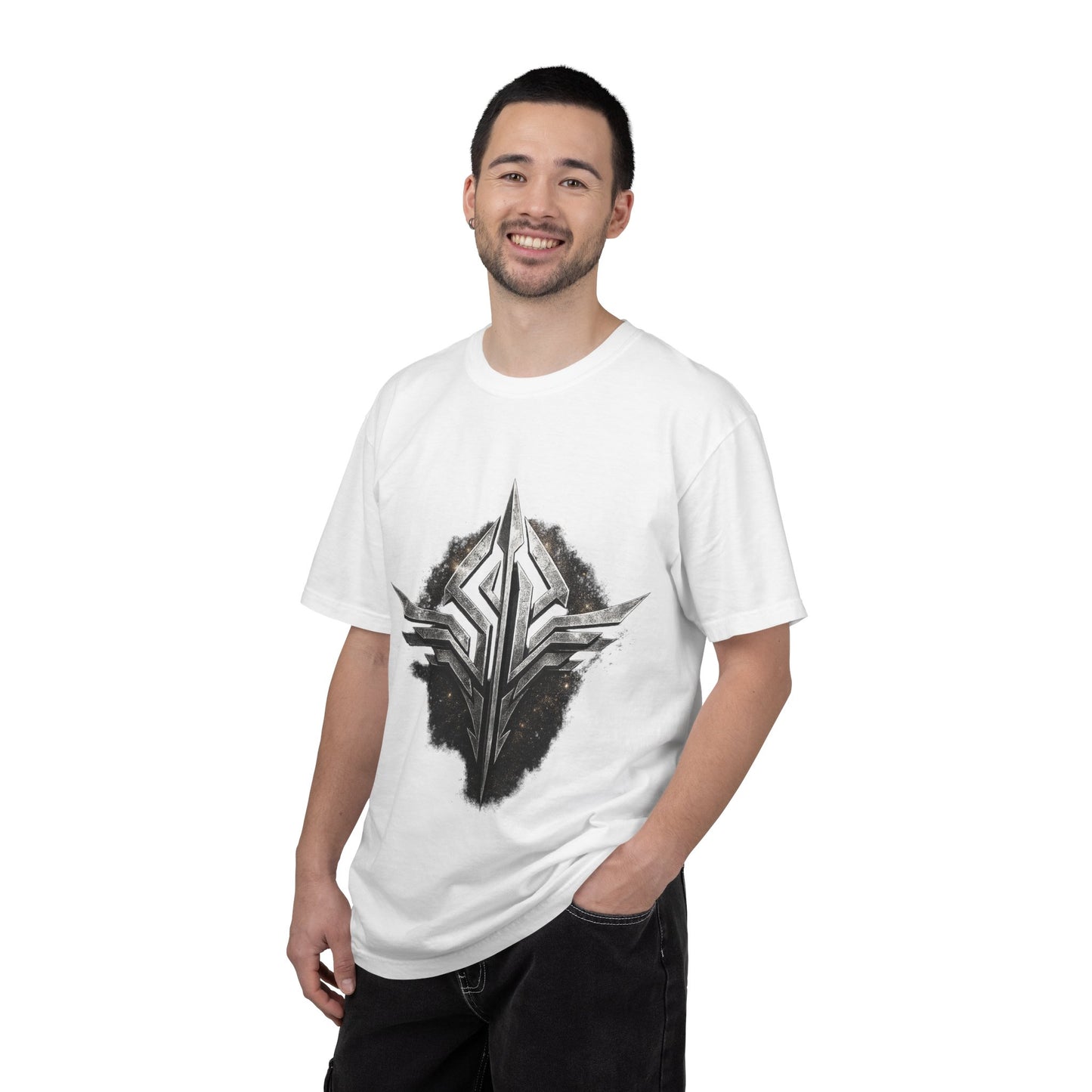 Futuristic Metal Emblem Graphic T‑Shirt