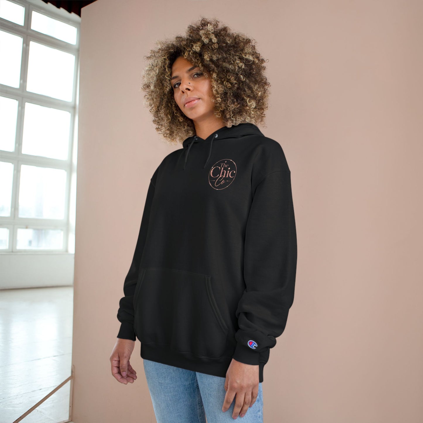 Chic Champion Hoodie — Minimal Script Chest Logo,