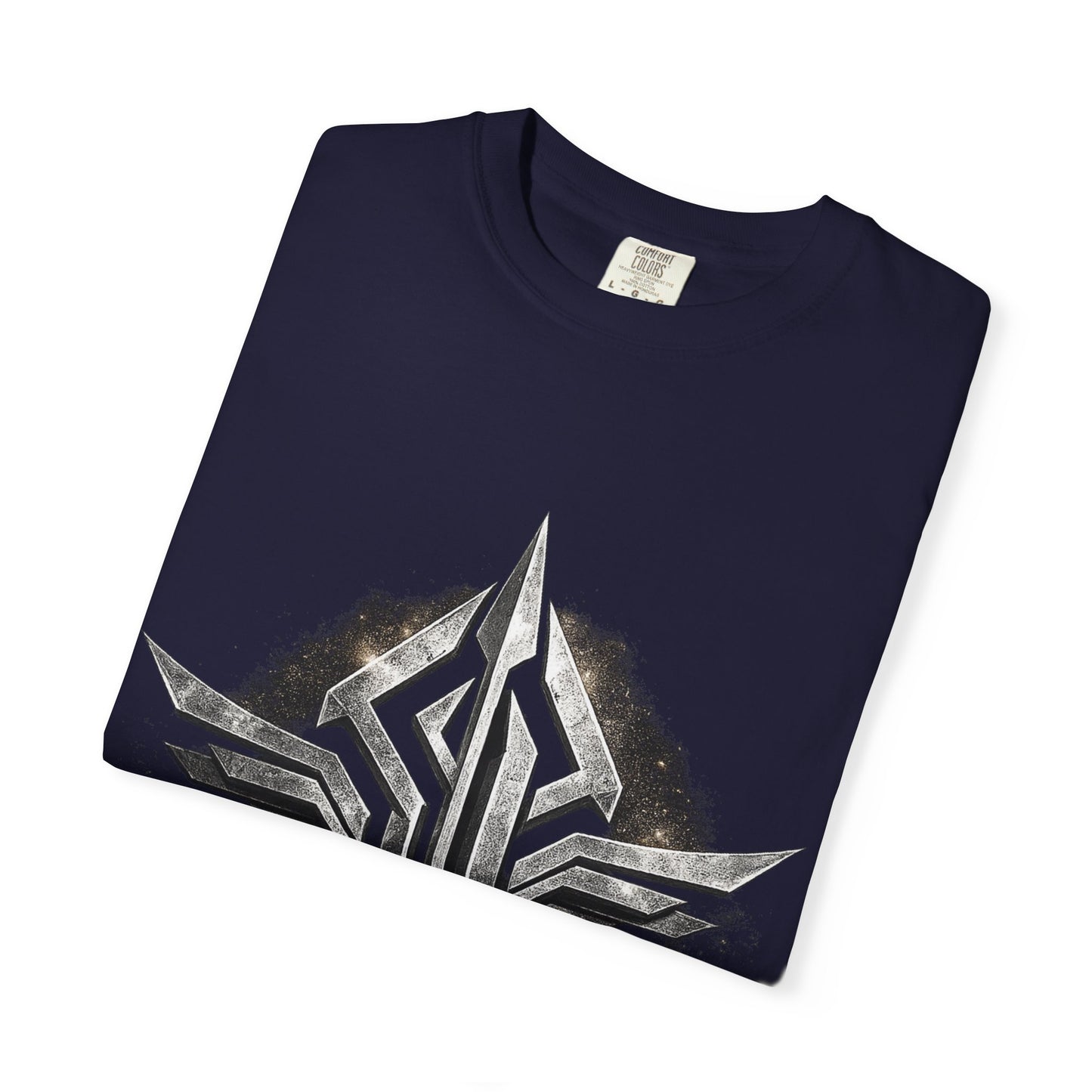 Futuristic Metal Emblem Graphic T‑Shirt