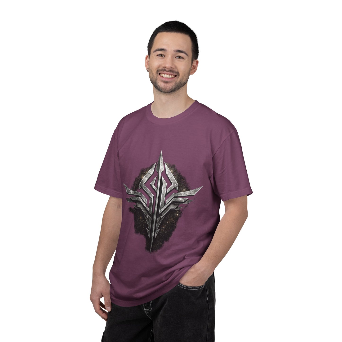 Futuristic Metal Emblem Graphic T‑Shirt
