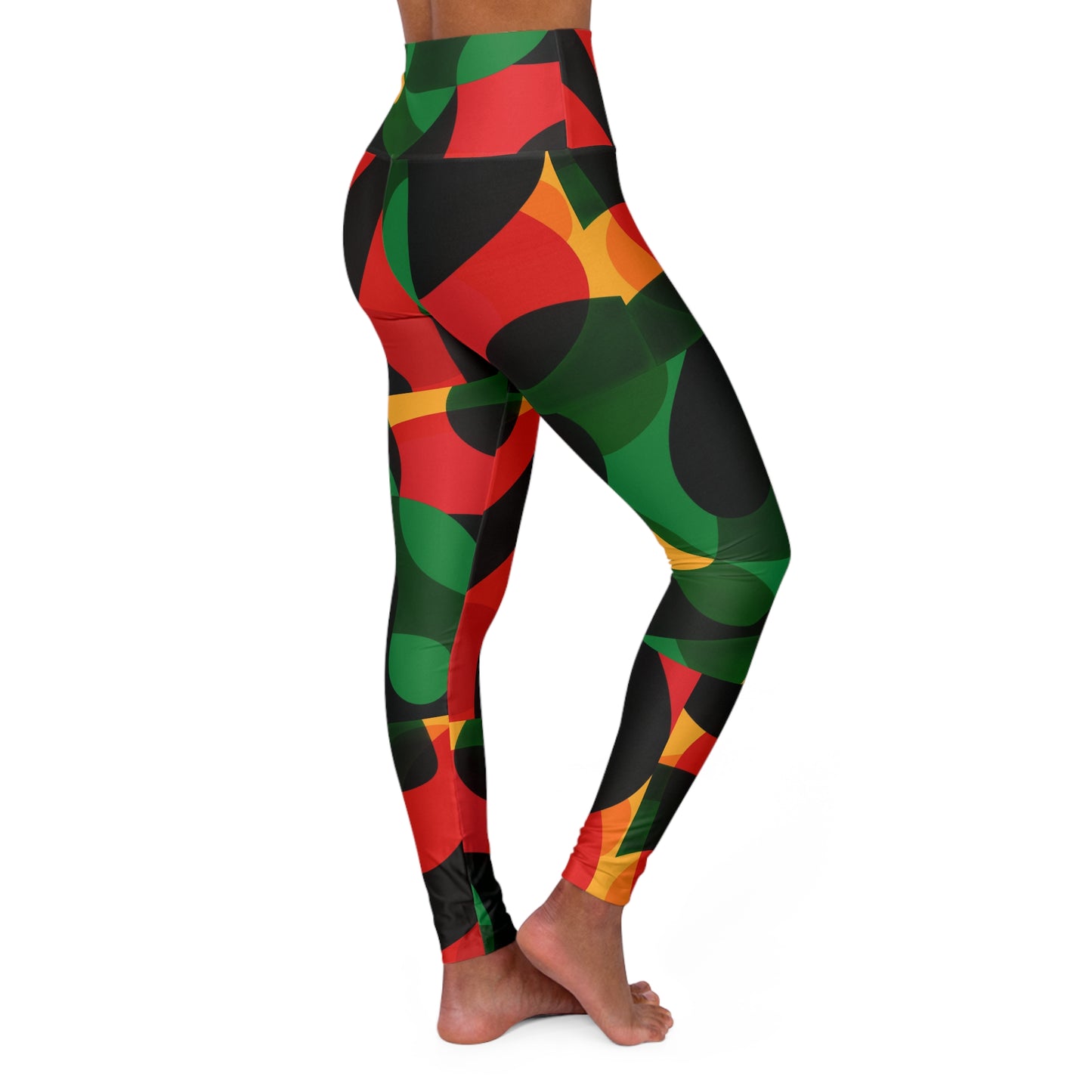 High-Waisted Yoga Leggings — Bold Red, Green & Black Abstract Print