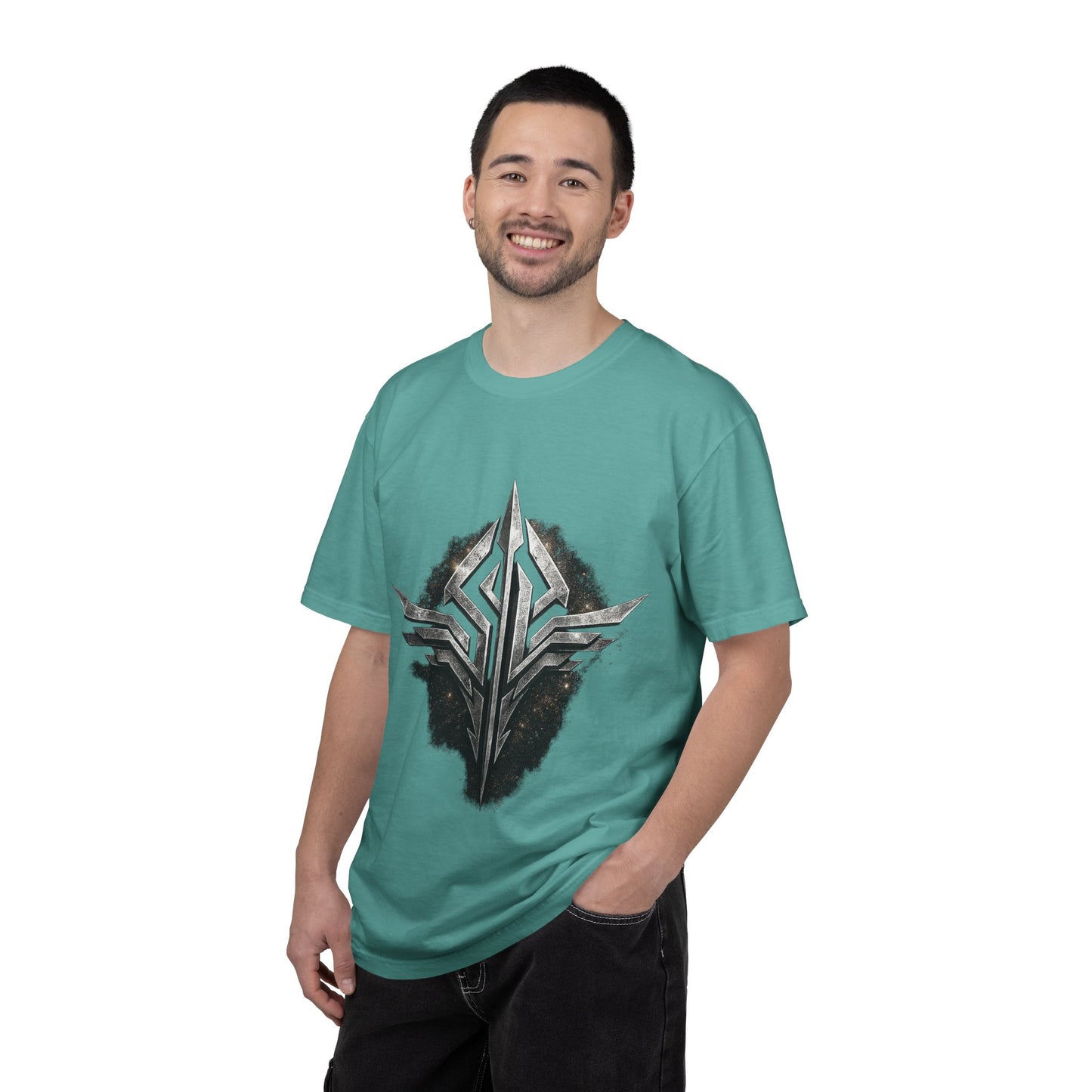 Futuristic Metal Emblem Graphic T‑Shirt