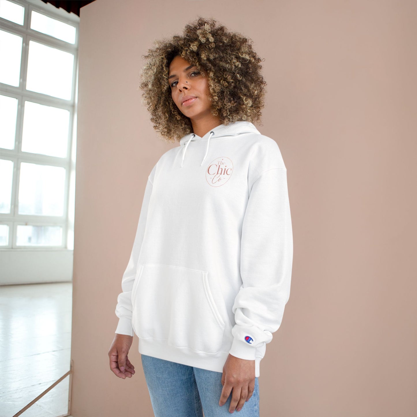 Chic Champion Hoodie — Minimal Script Chest Logo,
