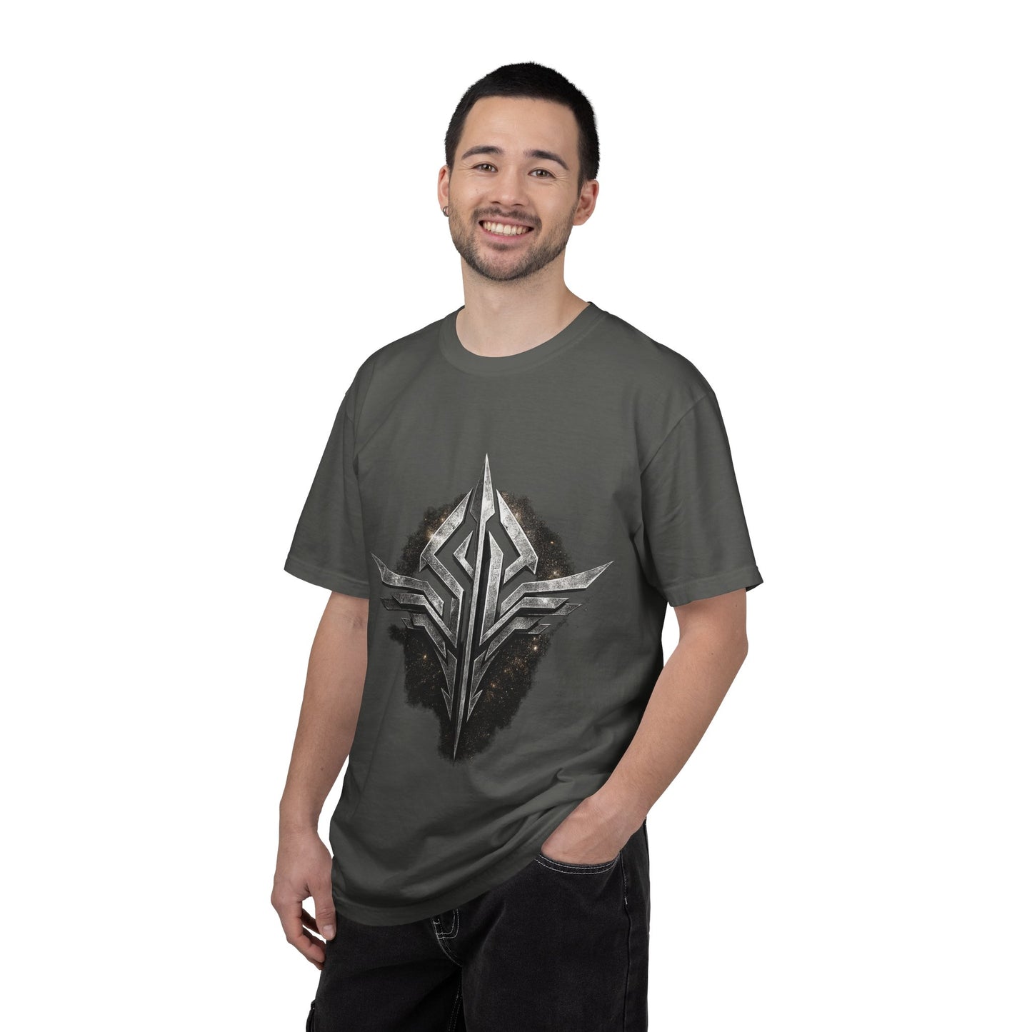 Futuristic Metal Emblem Graphic T‑Shirt