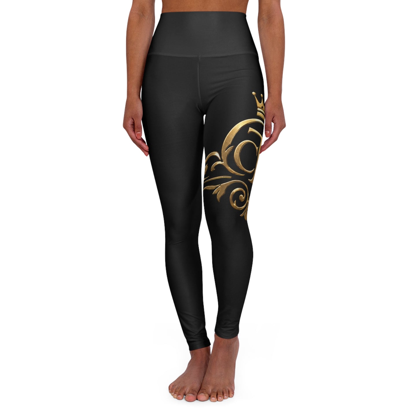 The Chic Co. Signature Gold Flourish High-Waist Yoga Leggings (Black)