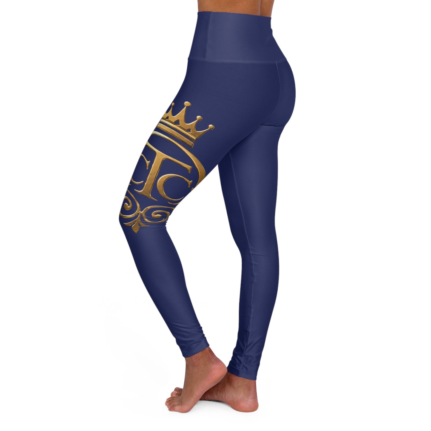 The Chic Co. Signature Gold Flourish High-Waist Yoga Leggings (Navy)