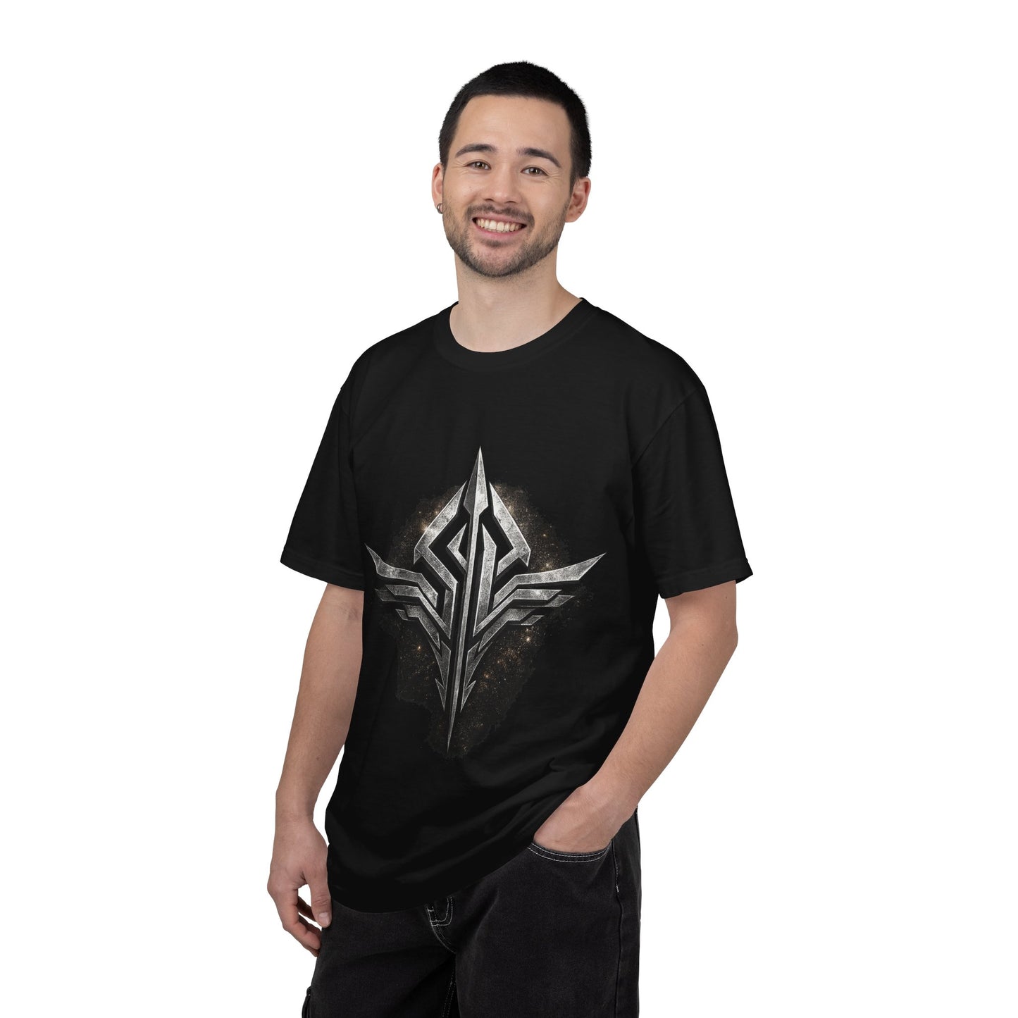 Futuristic Metal Emblem Graphic T‑Shirt