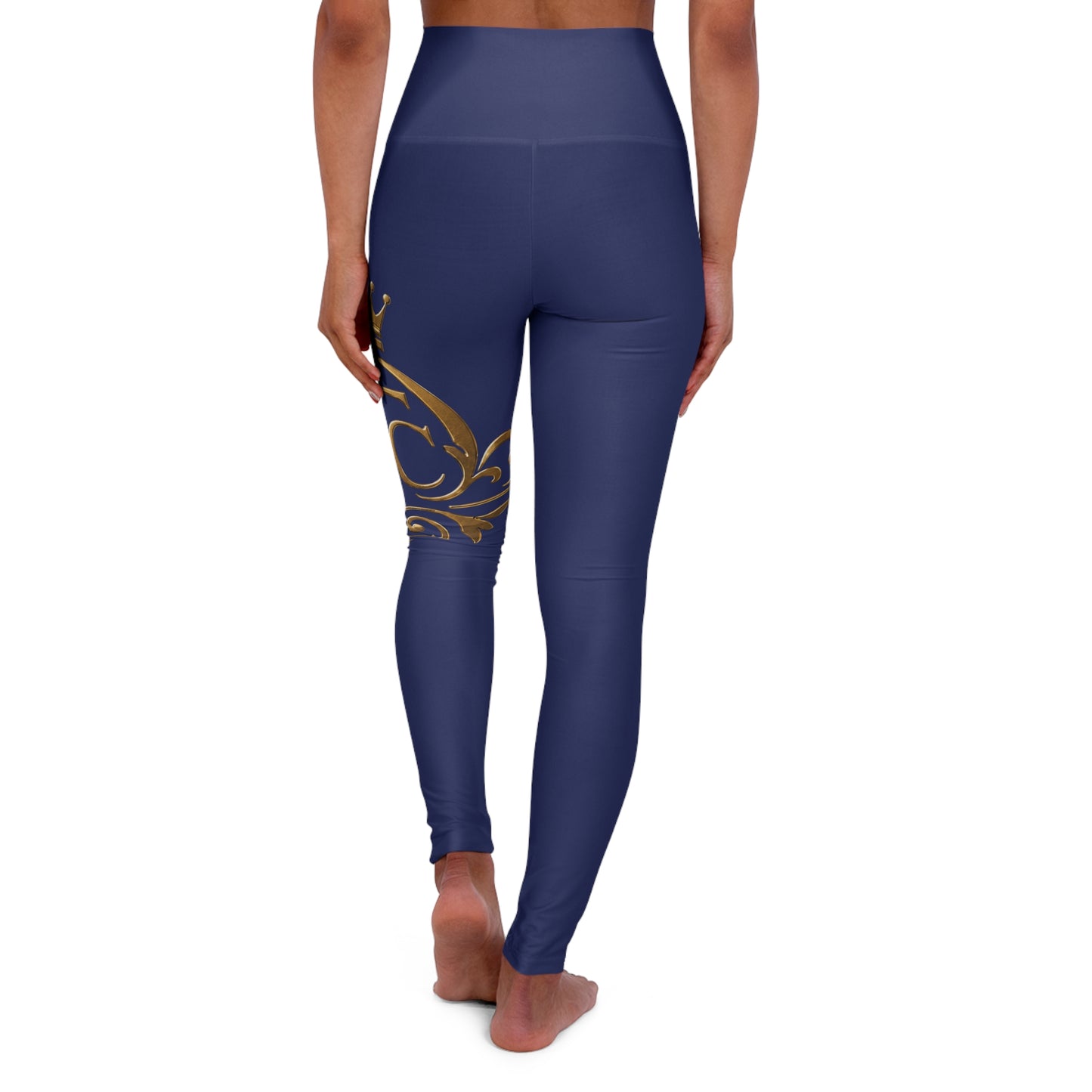 The Chic Co. Signature Gold Flourish High-Waist Yoga Leggings (Navy)