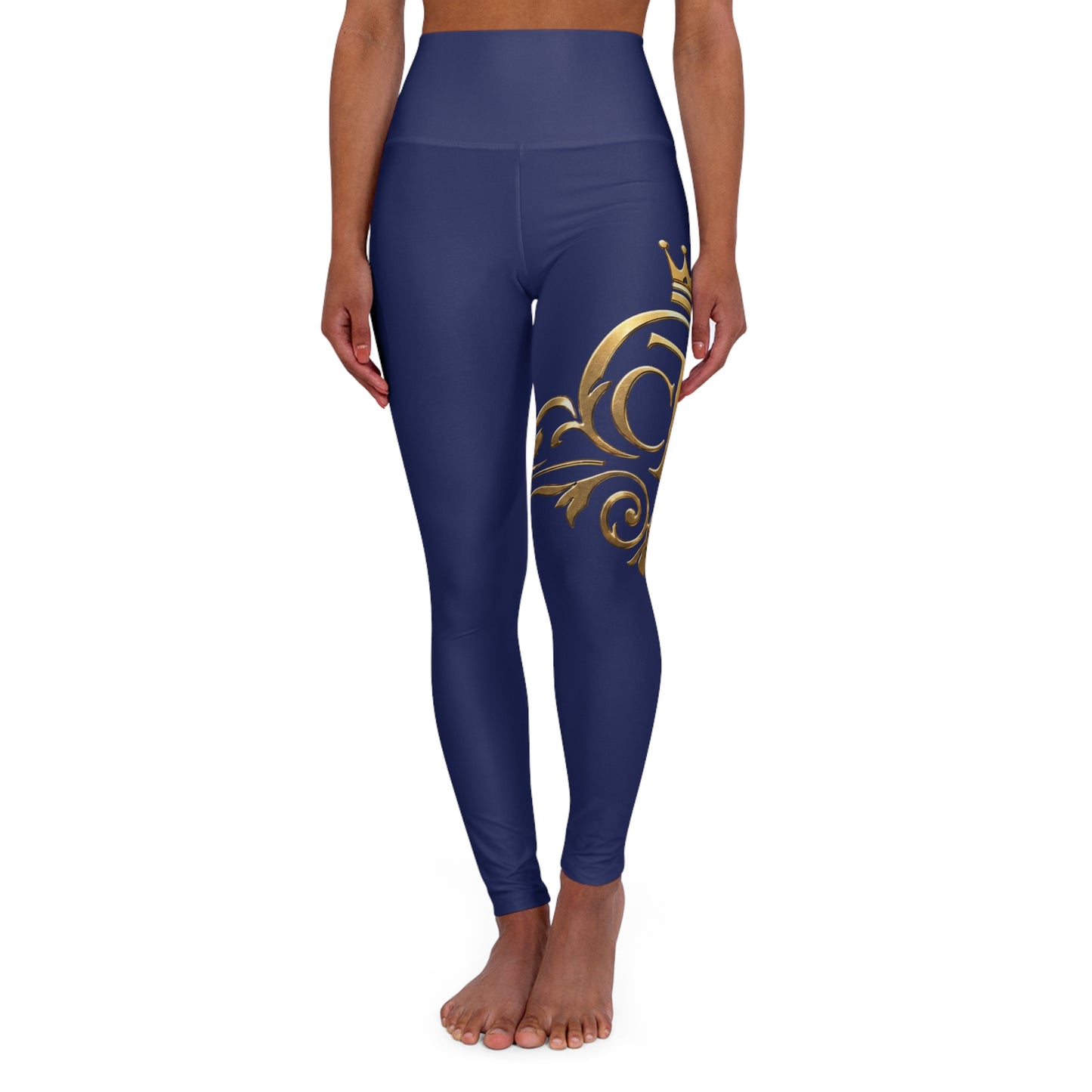 The Chic Co. Signature Gold Flourish High-Waist Yoga Leggings (Navy)