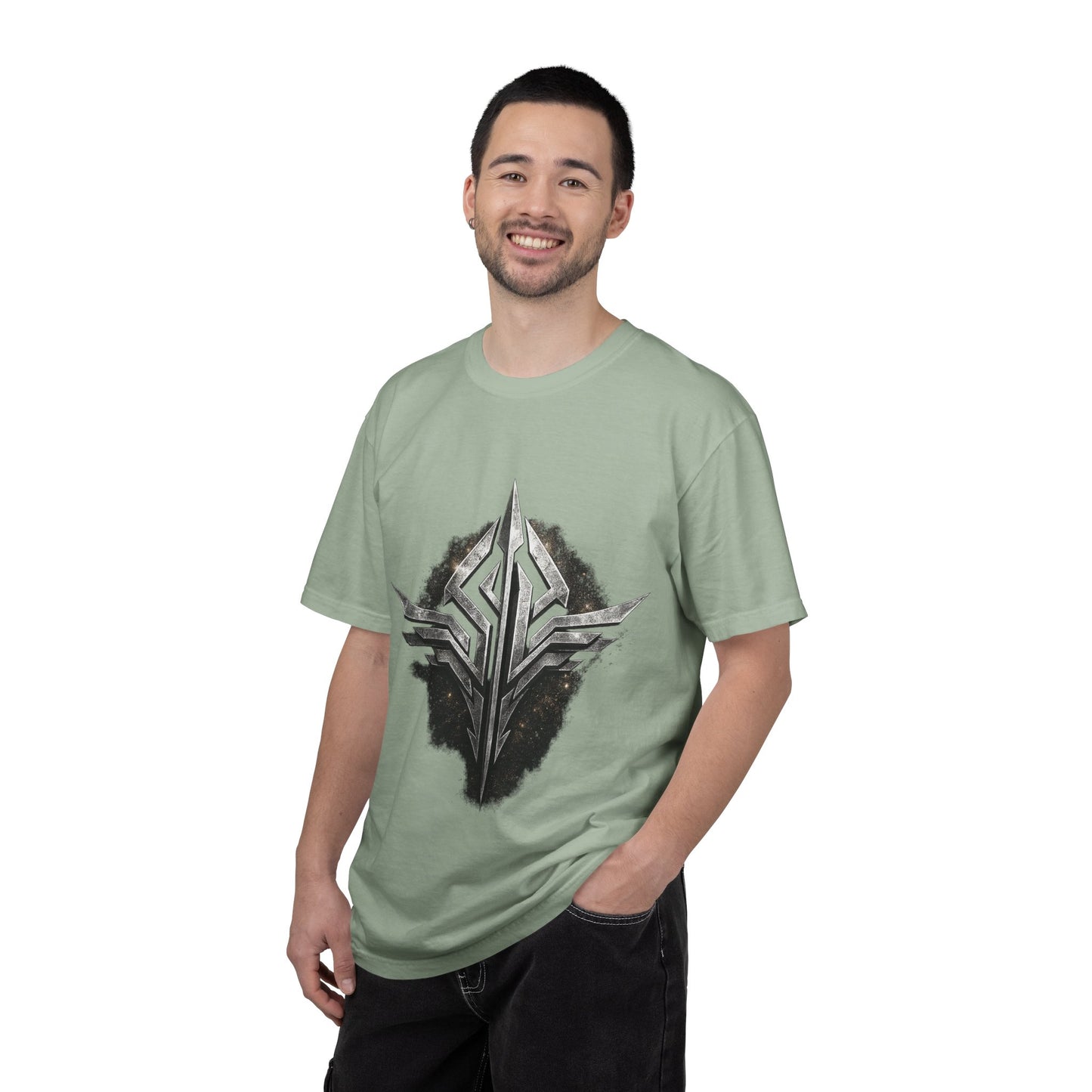 Futuristic Metal Emblem Graphic T‑Shirt