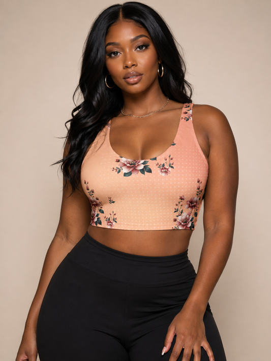 Floral Peach Sports Bra — Vintage Rose Print Activewear